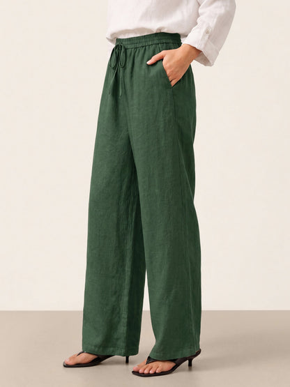 Pantalones de lino de pierna ancha con cordón para mujer-Pants for Women-Casaluzia