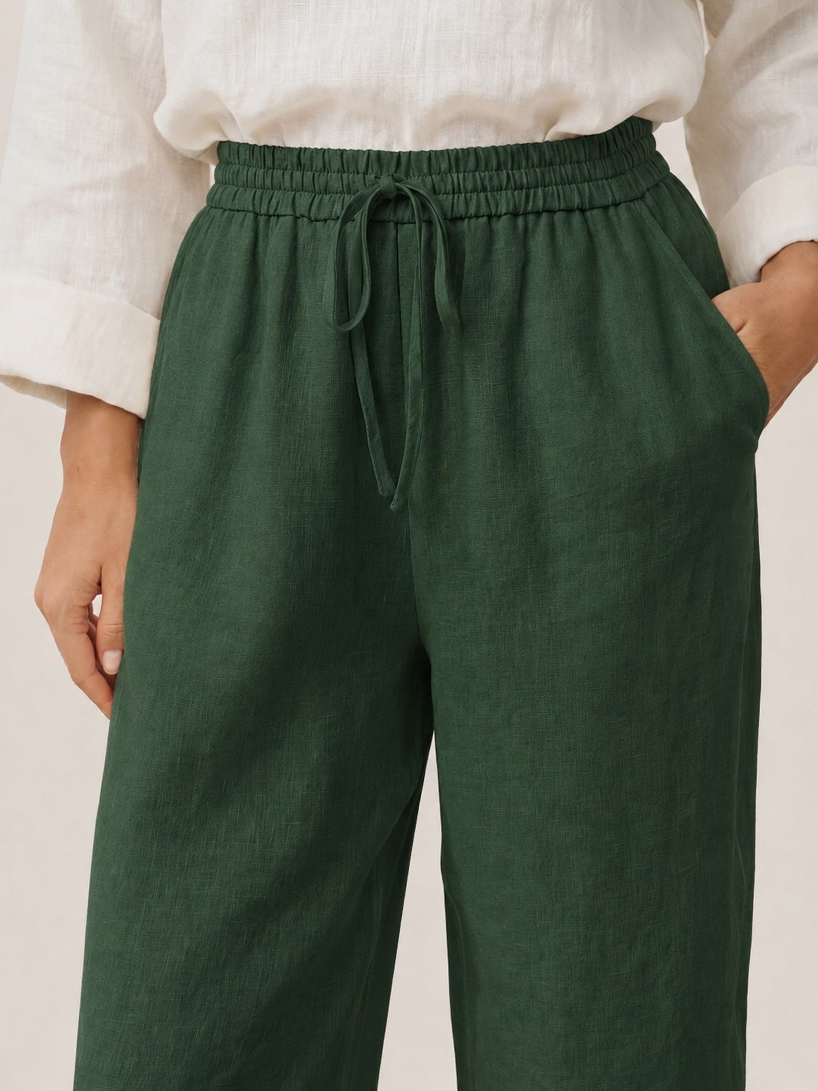 Pantalones de lino de pierna ancha con cordón para mujer-Pants for Women-Casaluzia