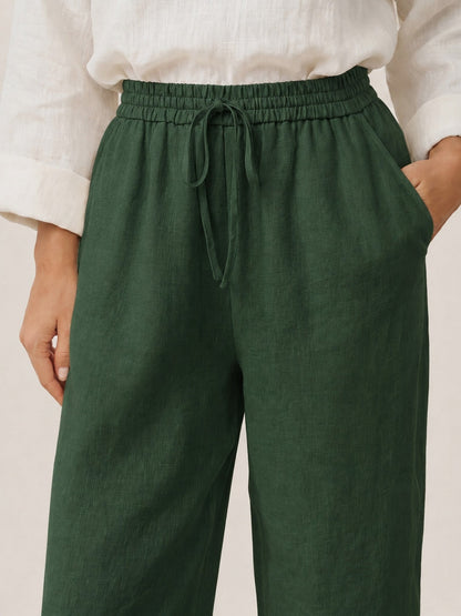 Pantalones de lino de pierna ancha con cordón para mujer-Pants for Women-Casaluzia