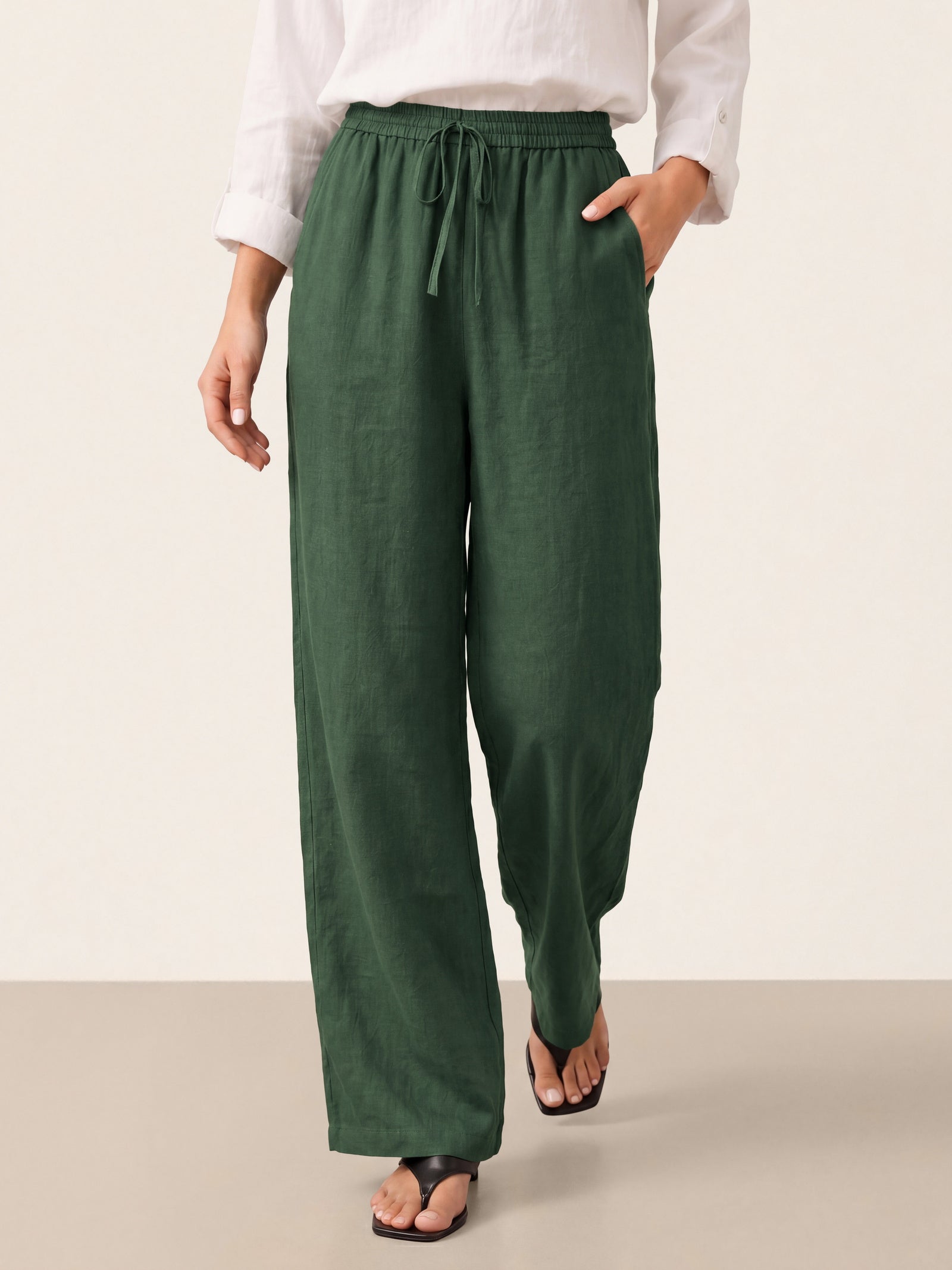 Pantalones de lino de pierna ancha con cordón para mujer-Pants for Women-Casaluzia