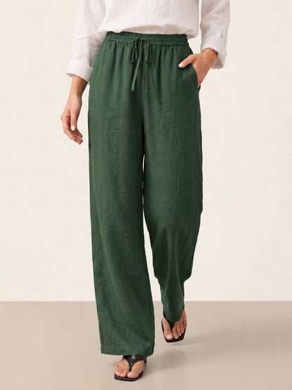 Pantalones de lino de pierna ancha con cordón para mujer-Pants for Women-Casaluzia