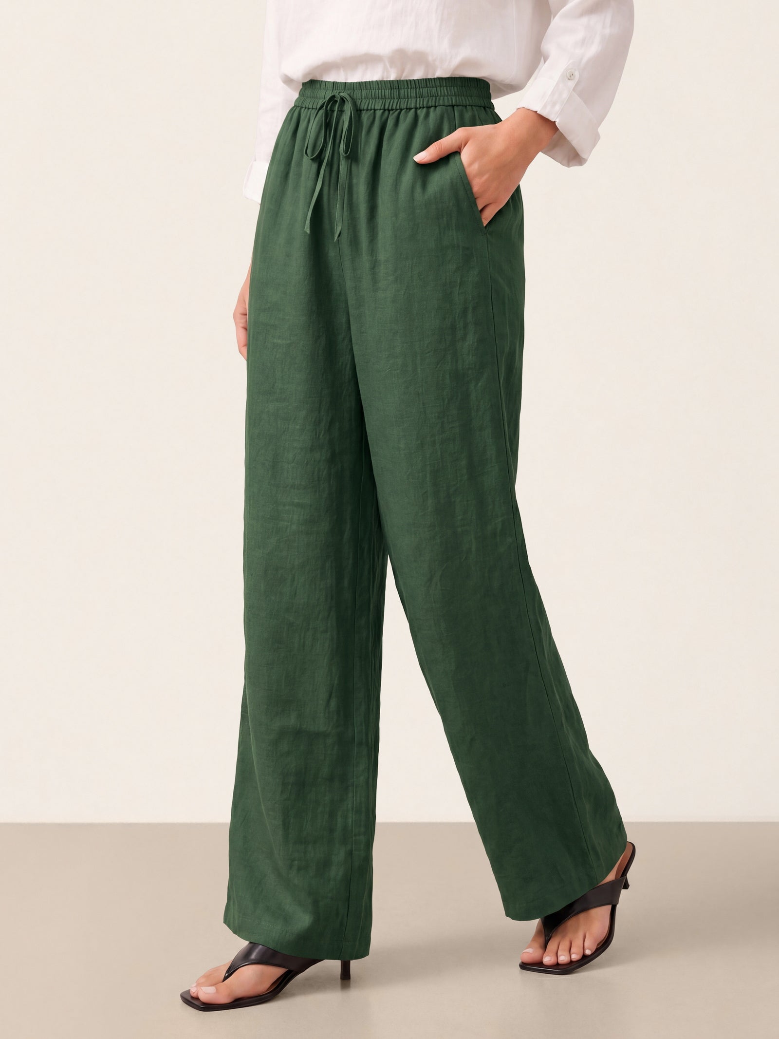 Pantalones de lino de pierna ancha con cordón para mujer-Pants for Women-Casaluzia