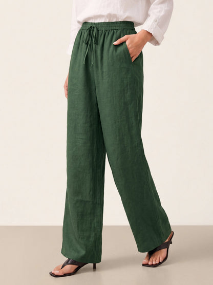 Pantalones de lino de pierna ancha con cordón para mujer-Pants for Women-Casaluzia