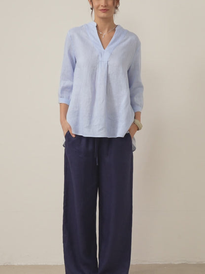 Pantalones de lino de pierna ancha con cordón para mujer-Pants for Women-Casaluzia