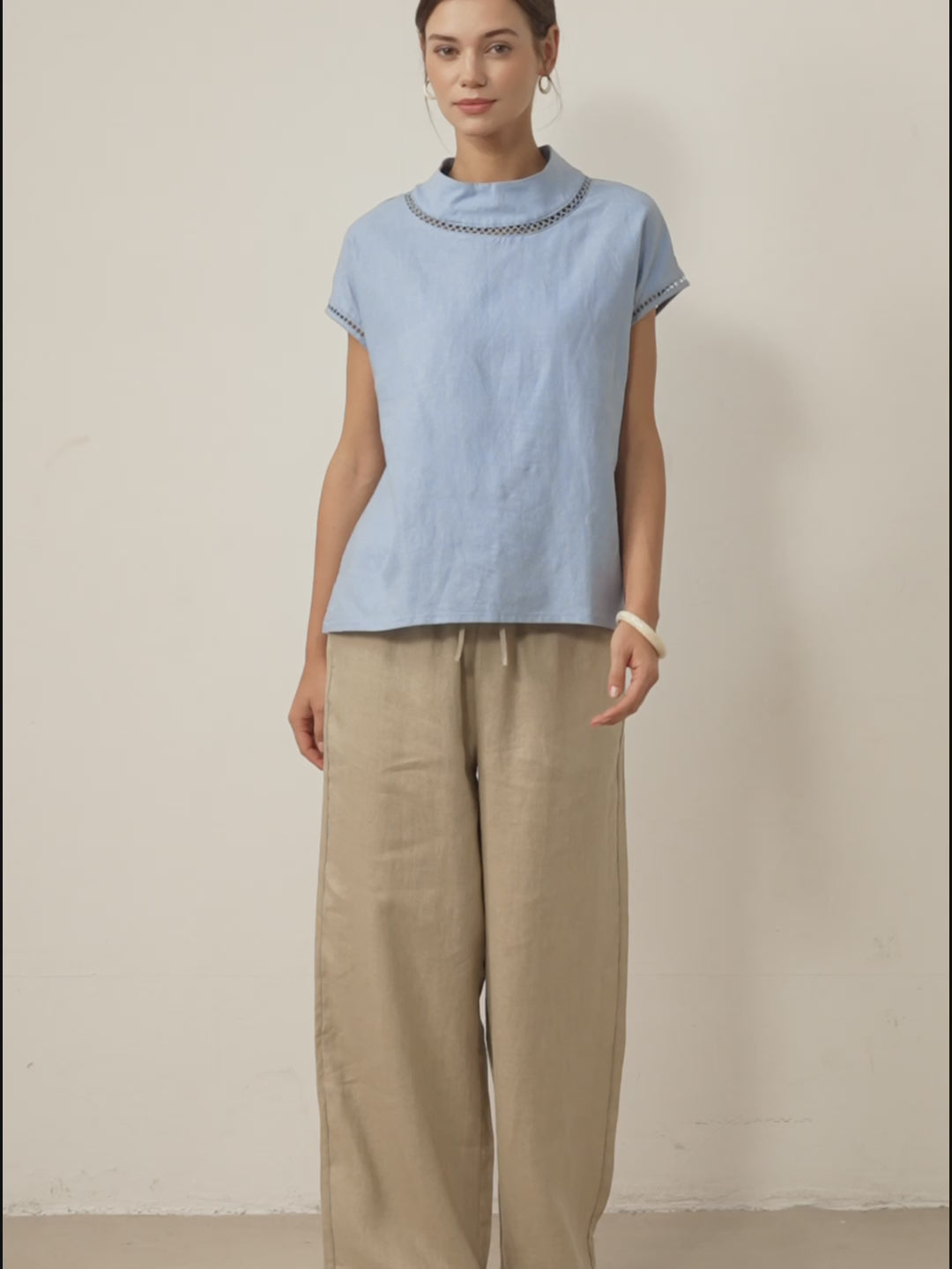 Pantalones de lino de pierna ancha con cordón para mujer-Pants for Women-Casaluzia