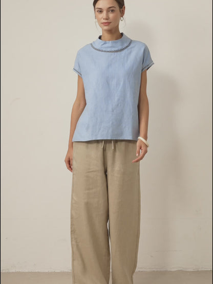 Pantalones de lino de pierna ancha con cordón para mujer-Pants for Women-Casaluzia