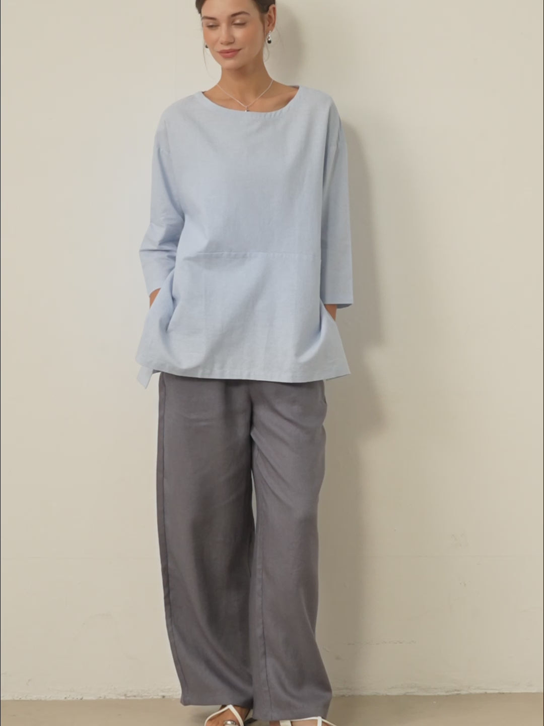 Pantalones de lino de pierna ancha con cordón para mujer-Pants for Women-Casaluzia