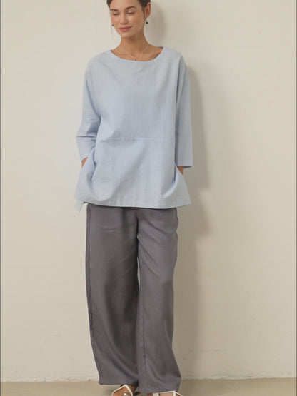 Pantalones de lino de pierna ancha con cordón para mujer-Pants for Women-Casaluzia