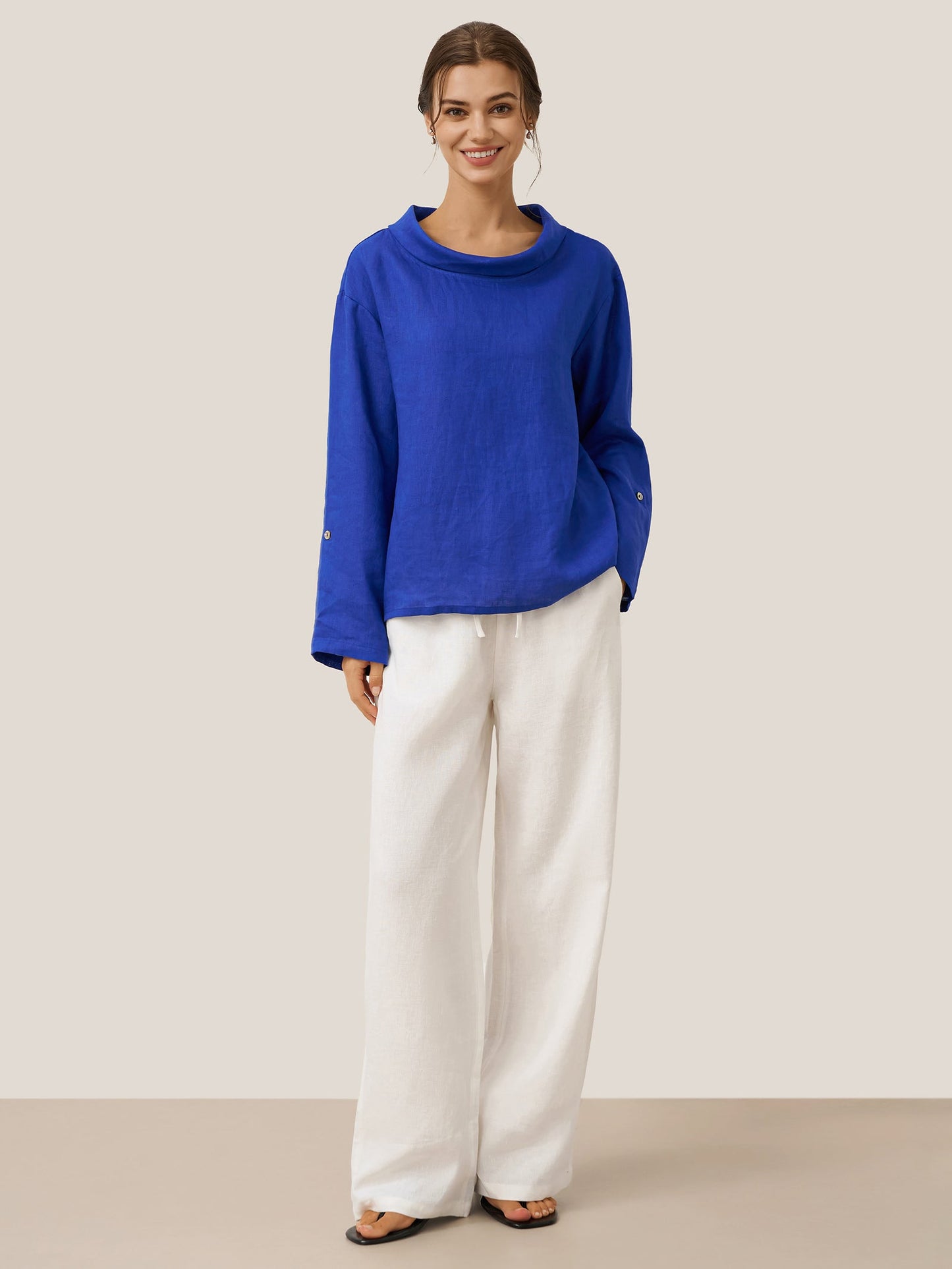Pantalones de lino de pierna ancha con cordón para mujer-Pants for Women-Casaluzia