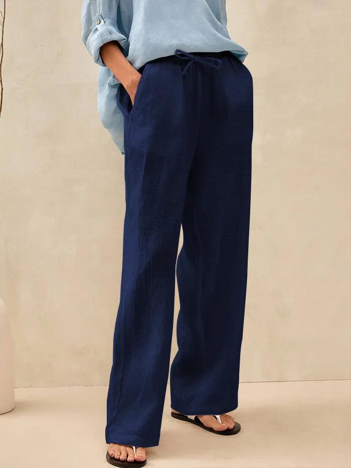 Pantalones de lino de pierna ancha con cordón para mujer-Pants for Women-Casaluzia
