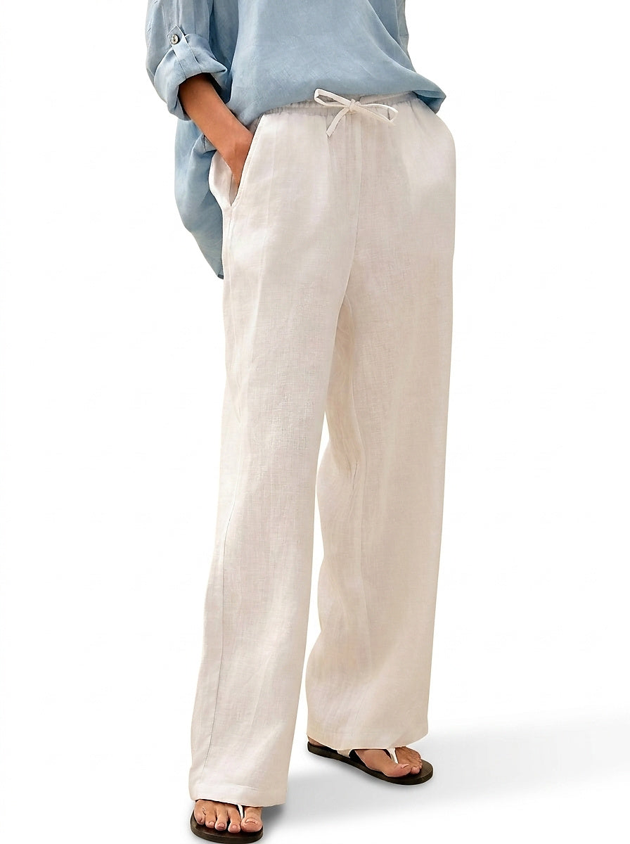 Pantalones de lino de pierna ancha con cordón para mujer-Pants for Women-Casaluzia