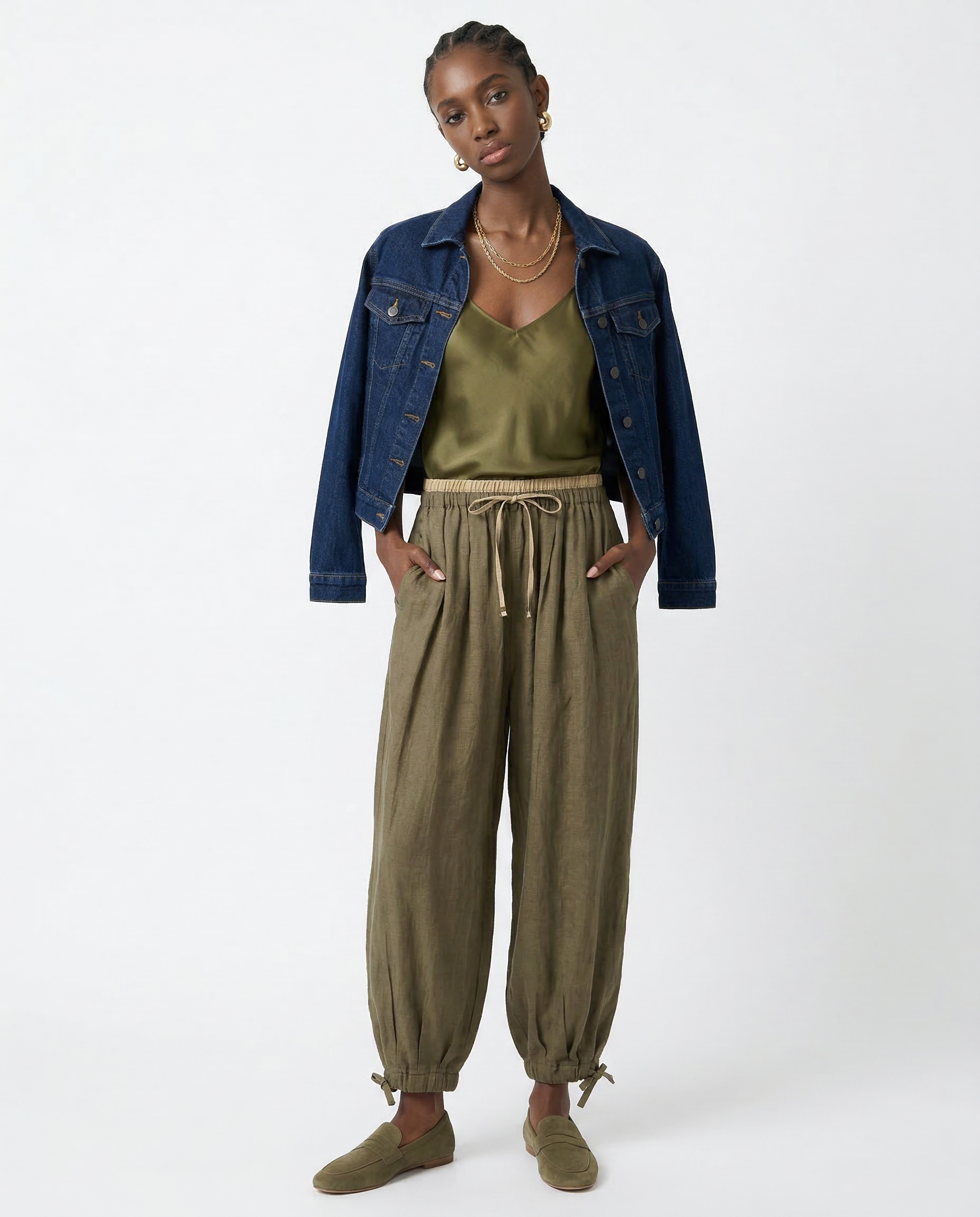 Pantalones de lino de pierna ancha para mujer con cordón-Pants for Women-Casaluzia
