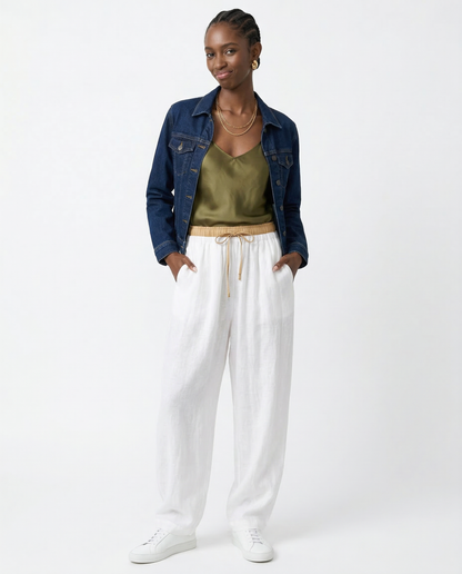 Pantalones de lino de pierna ancha para mujer con cordón-Pants for Women-Casaluzia