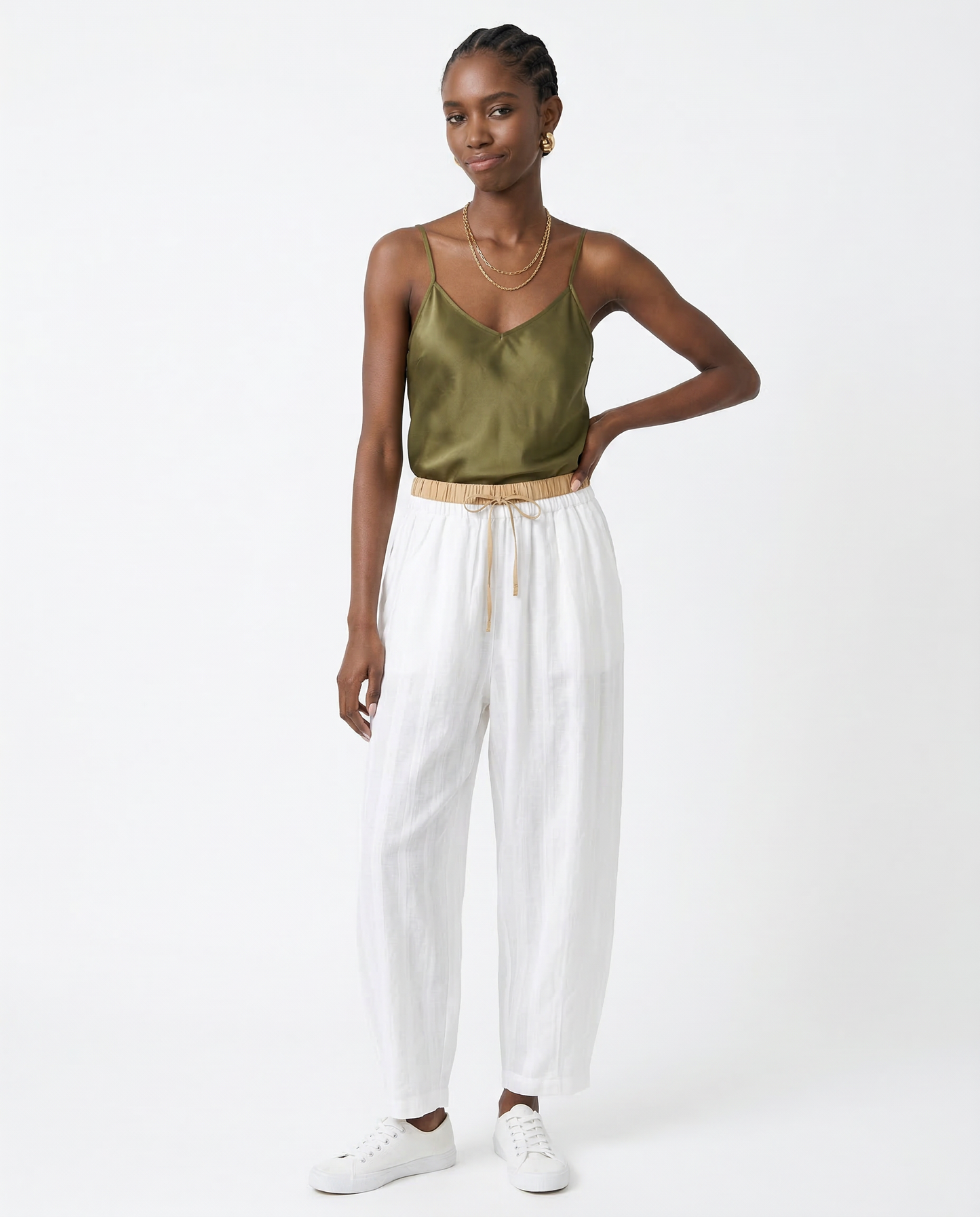 Pantalones de lino de pierna ancha para mujer con cordón-Pants for Women-Casaluzia