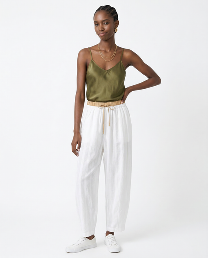 Pantalones de lino de pierna ancha para mujer con cordón-Pants for Women-Casaluzia