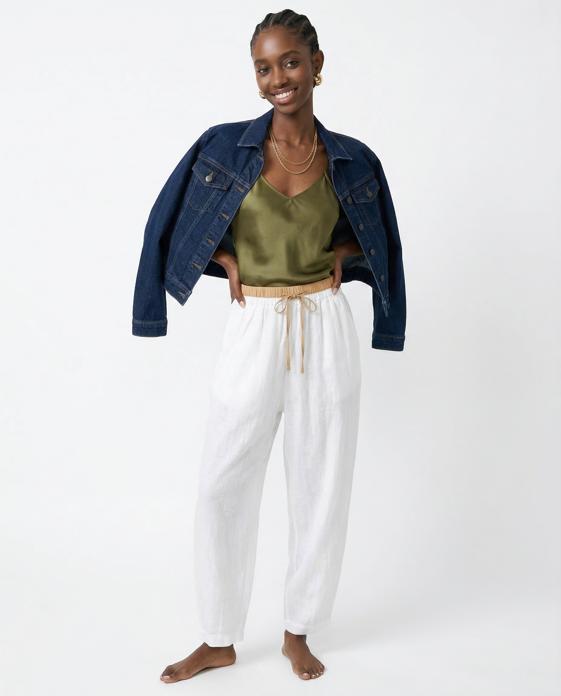 Pantalones de lino de pierna ancha para mujer con cordón-Pants for Women-Casaluzia