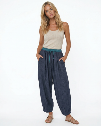 Pantalones de lino de pierna ancha para mujer con cordón-Pants for Women-Casaluzia