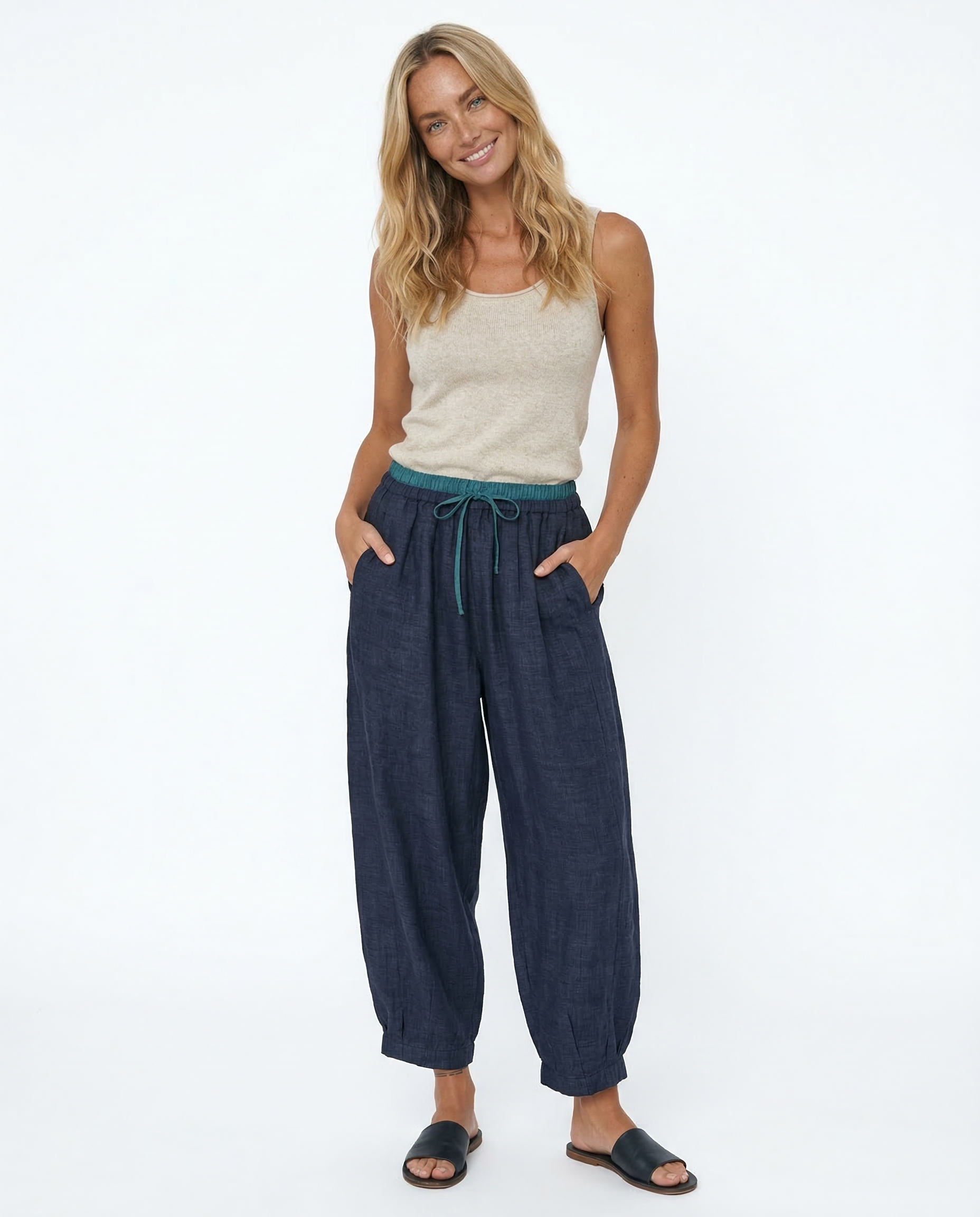 Pantalones de lino de pierna ancha para mujer con cordón-Pants for Women-Casaluzia