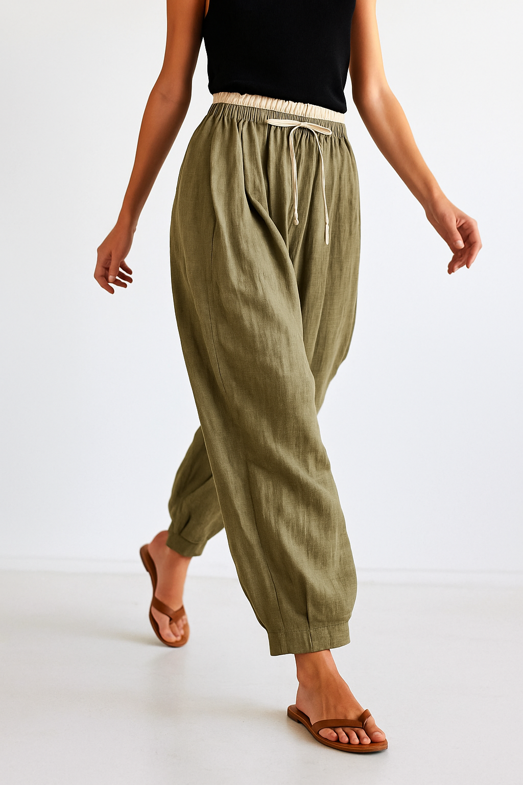 Pantalones de lino de pierna ancha para mujer con cordón-Pants for Women-Casaluzia