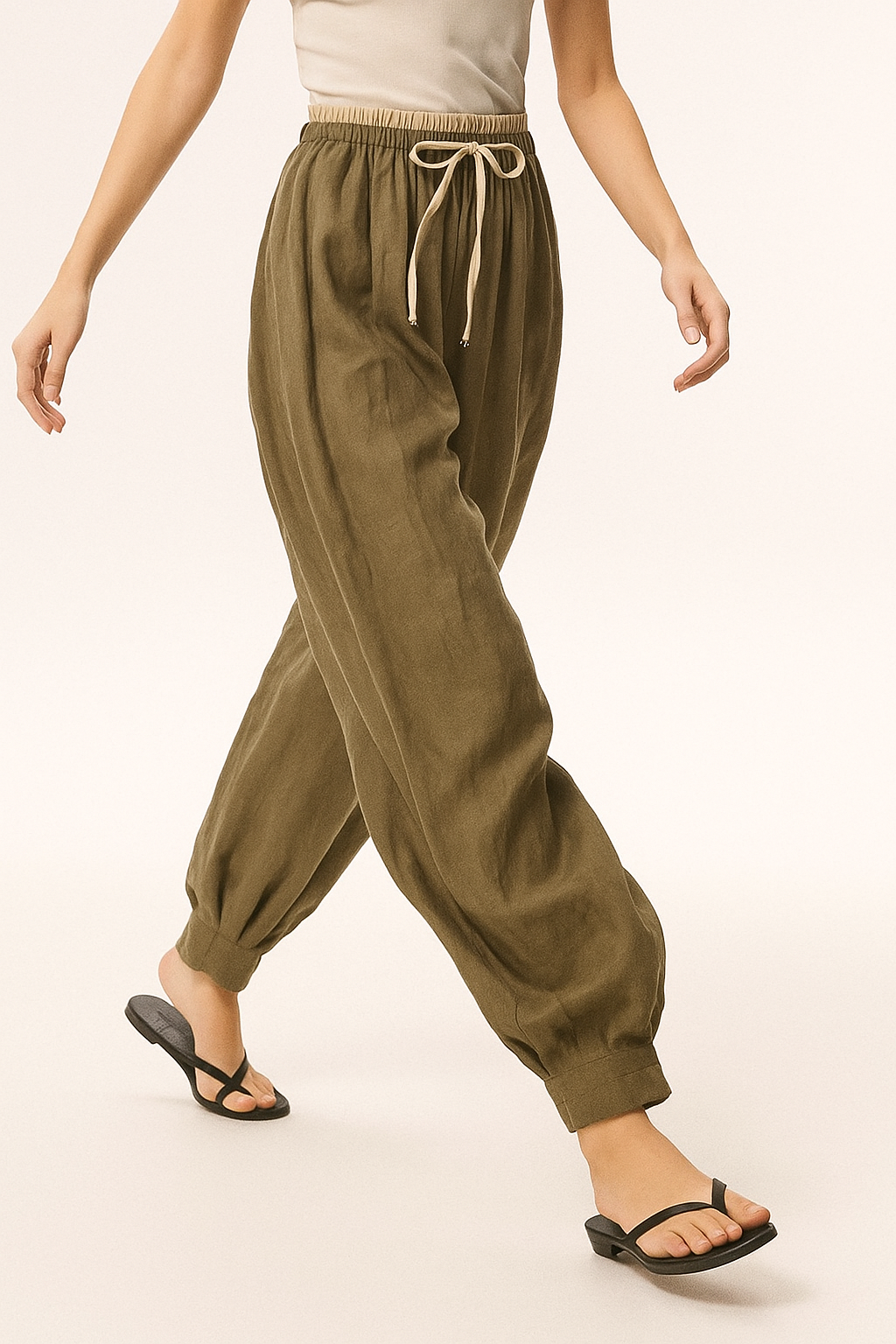 Pantalones de lino de pierna ancha para mujer con cordón-Pants for Women-Casaluzia