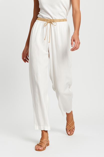 Pantalones de lino de pierna ancha para mujer con cordón-Pants for Women-Casaluzia