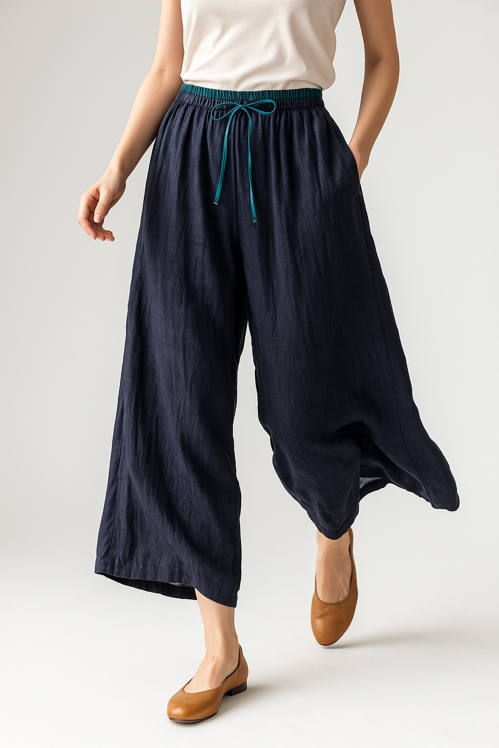 Pantalones de lino de pierna ancha para mujer con cordón-Pants for Women-Casaluzia