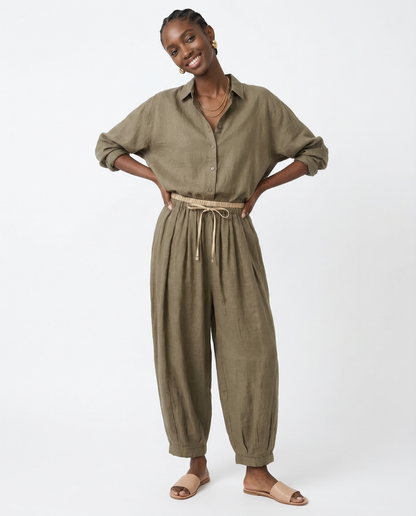 Pantalones de lino de pierna ancha para mujer con cordón-Pants for Women-Casaluzia