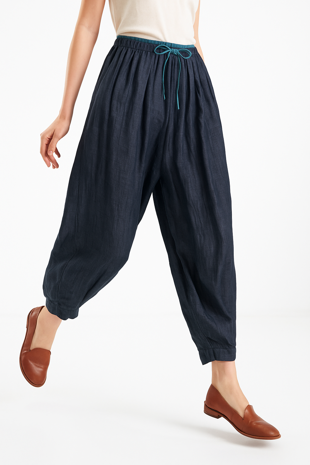 Pantalones de lino de pierna ancha para mujer con cordón-Pants for Women-Casaluzia