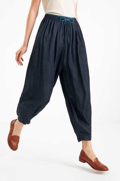 Pantalones de lino de pierna ancha para mujer con cordón-Pants for Women-Casaluzia