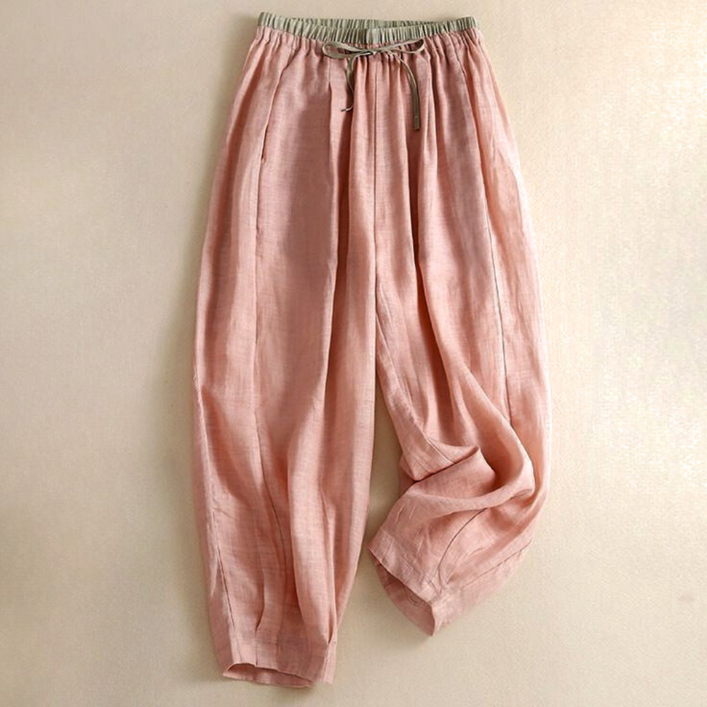 Pantalones de lino de pierna ancha para mujer con cordón-Pants for Women-Casaluzia