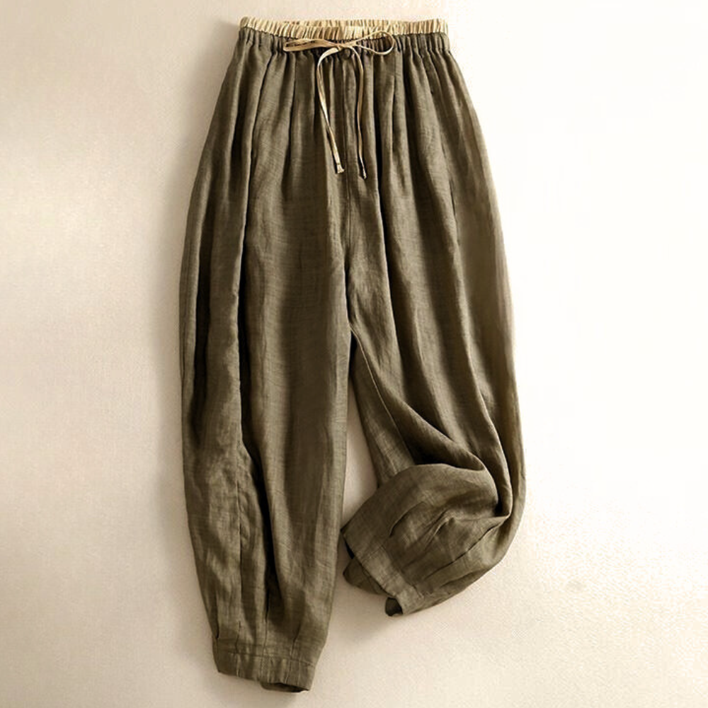 Pantalones de lino de pierna ancha para mujer con cordón-Pants for Women-Casaluzia