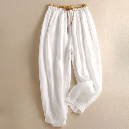 Pantalones de lino de pierna ancha para mujer con cordón-Pants for Women-Casaluzia