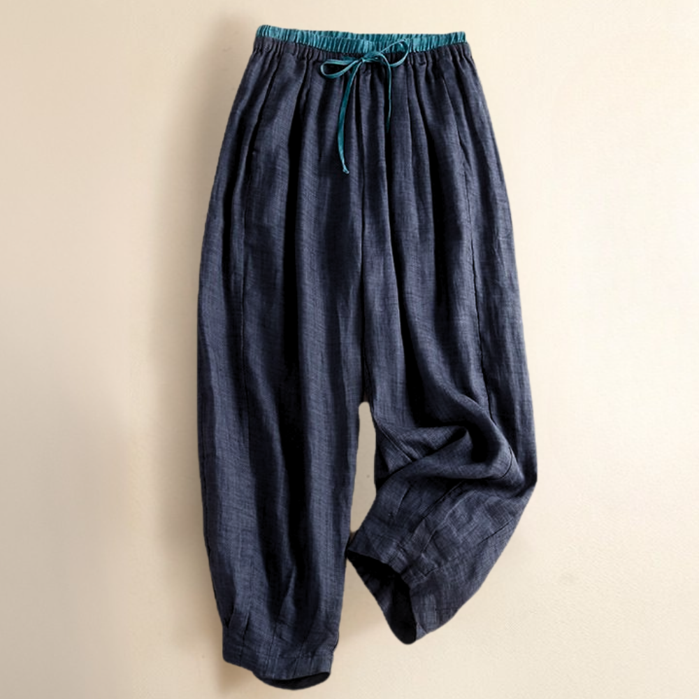 Pantalones de lino de pierna ancha para mujer con cordón-Pants for Women-Casaluzia