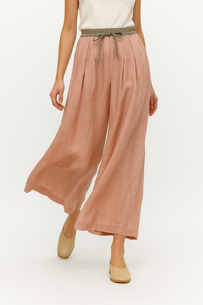 Pantalones de lino de pierna ancha para mujer con cordón-Pants for Women-Casaluzia