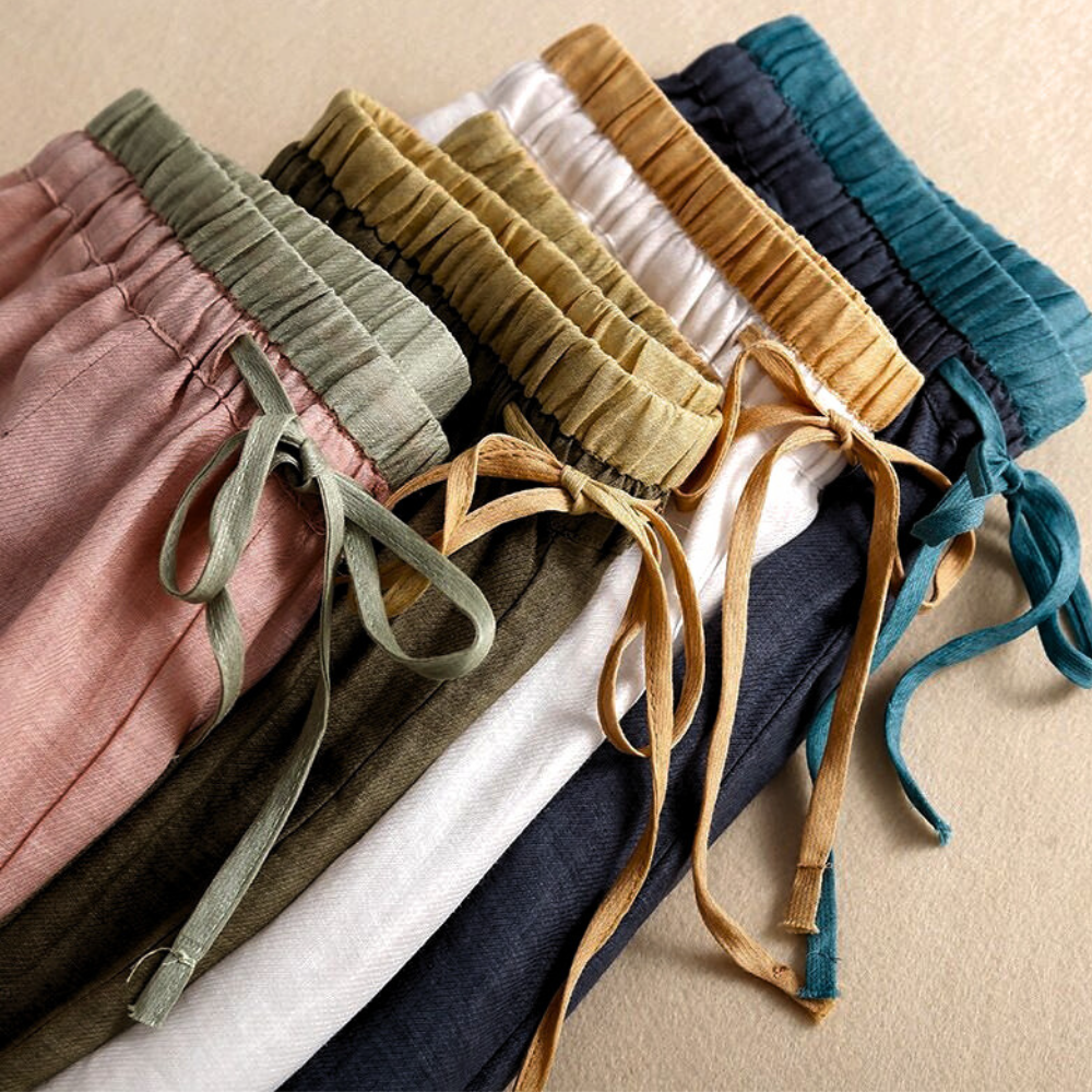 Pantalones de lino de pierna ancha para mujer con cordón-Pants for Women-Casaluzia