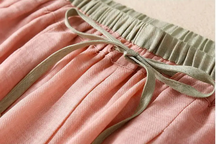 Pantalones de lino de pierna ancha para mujer con cordón-Pants for Women-Casaluzia