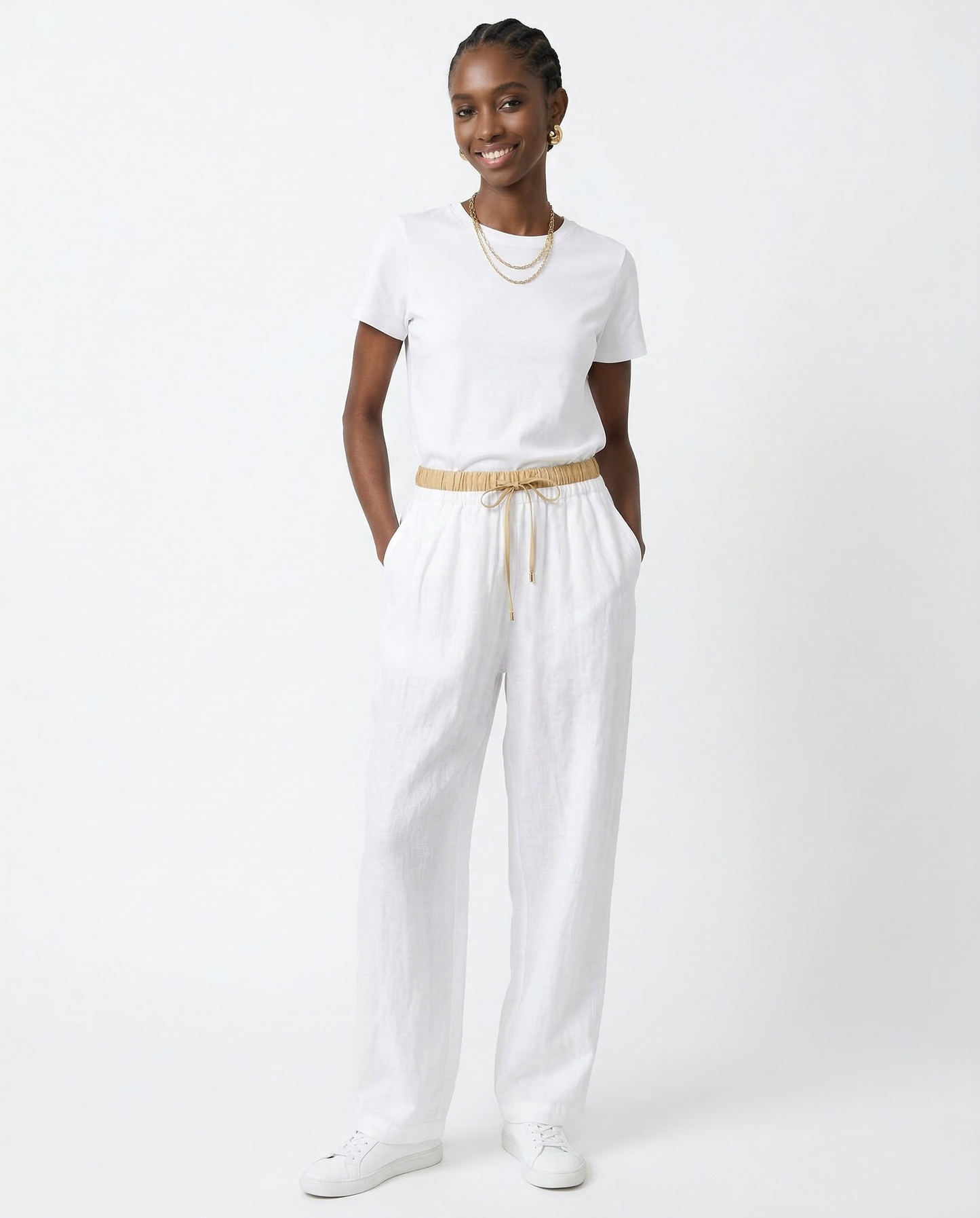 Pantalones de lino de pierna ancha para mujer con cordón-Pants for Women-Casaluzia