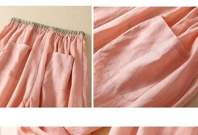 Pantalones de lino de pierna ancha para mujer con cordón-Pants for Women-Casaluzia