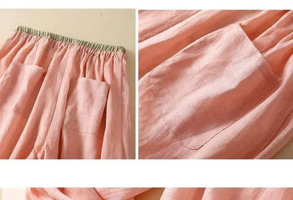 Pantalones de lino de pierna ancha para mujer con cordón-Pants for Women-Casaluzia
