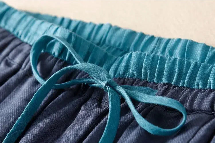 Pantalones de lino de pierna ancha para mujer con cordón-Pants for Women-Casaluzia