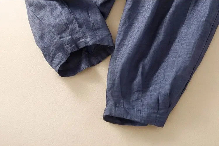Pantalones de lino de pierna ancha para mujer con cordón-Pants for Women-Casaluzia
