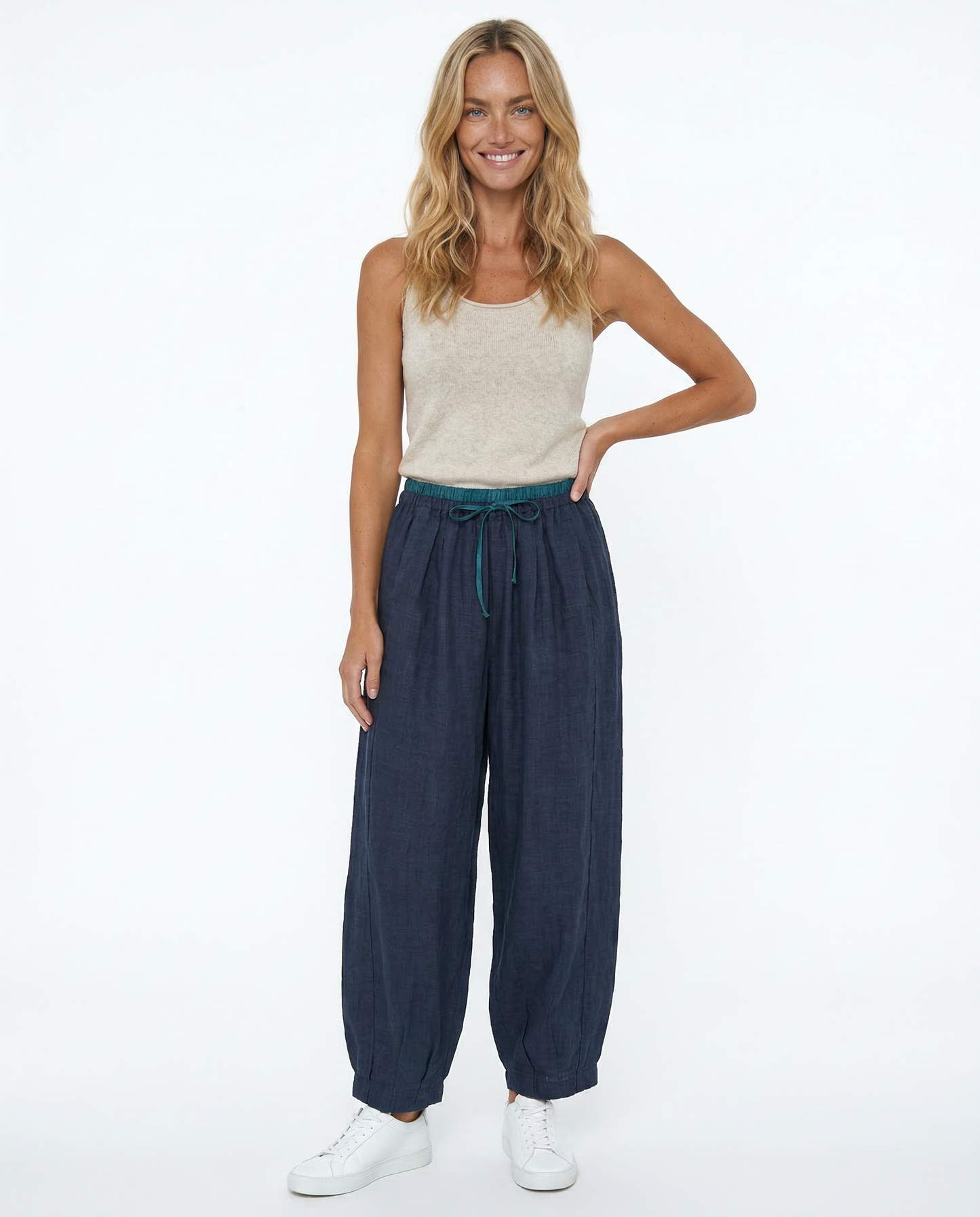 Pantalones de lino de pierna ancha para mujer con cordón-Pants for Women-Casaluzia