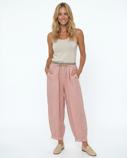 Pantalones de lino de pierna ancha para mujer con cordón-Pants for Women-Casaluzia