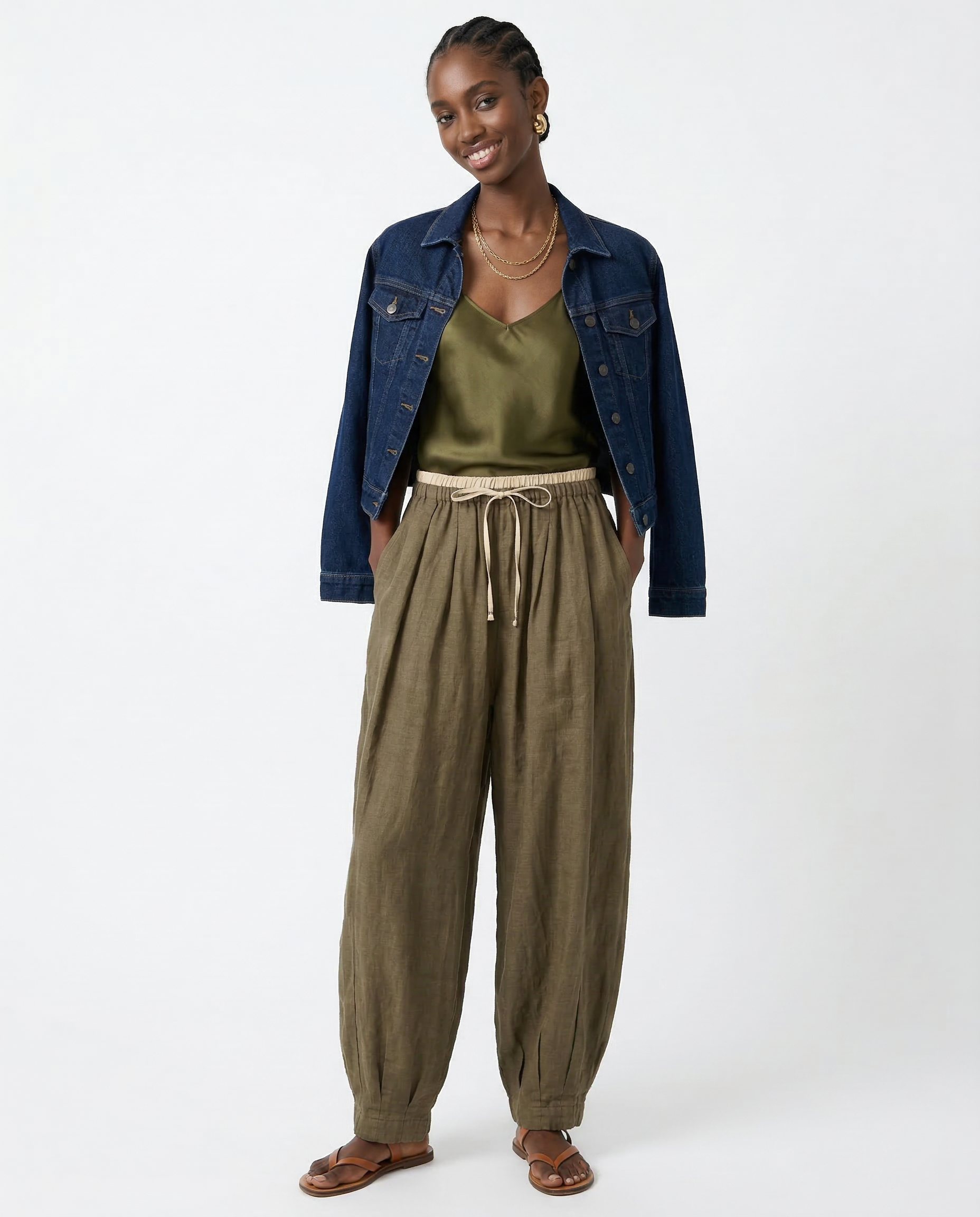 Pantalones de lino de pierna ancha para mujer con cordón-Pants for Women-Casaluzia
