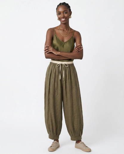 Pantalones de lino de pierna ancha para mujer con cordón-Pants for Women-Casaluzia