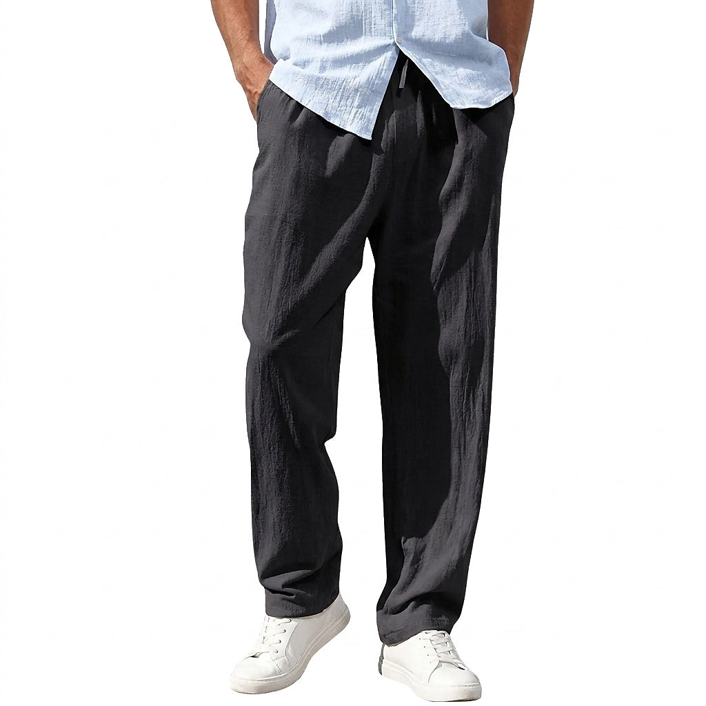 Pantalones de lino de pierna recta con cordón para hombre-Men Summer Pants-Casaluzia