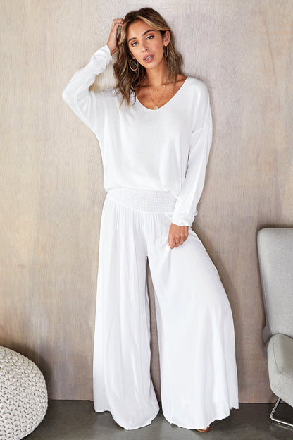 Pantalones de pierna ancha con cintura fruncida para mujer-Pants for woman-Casaluzia