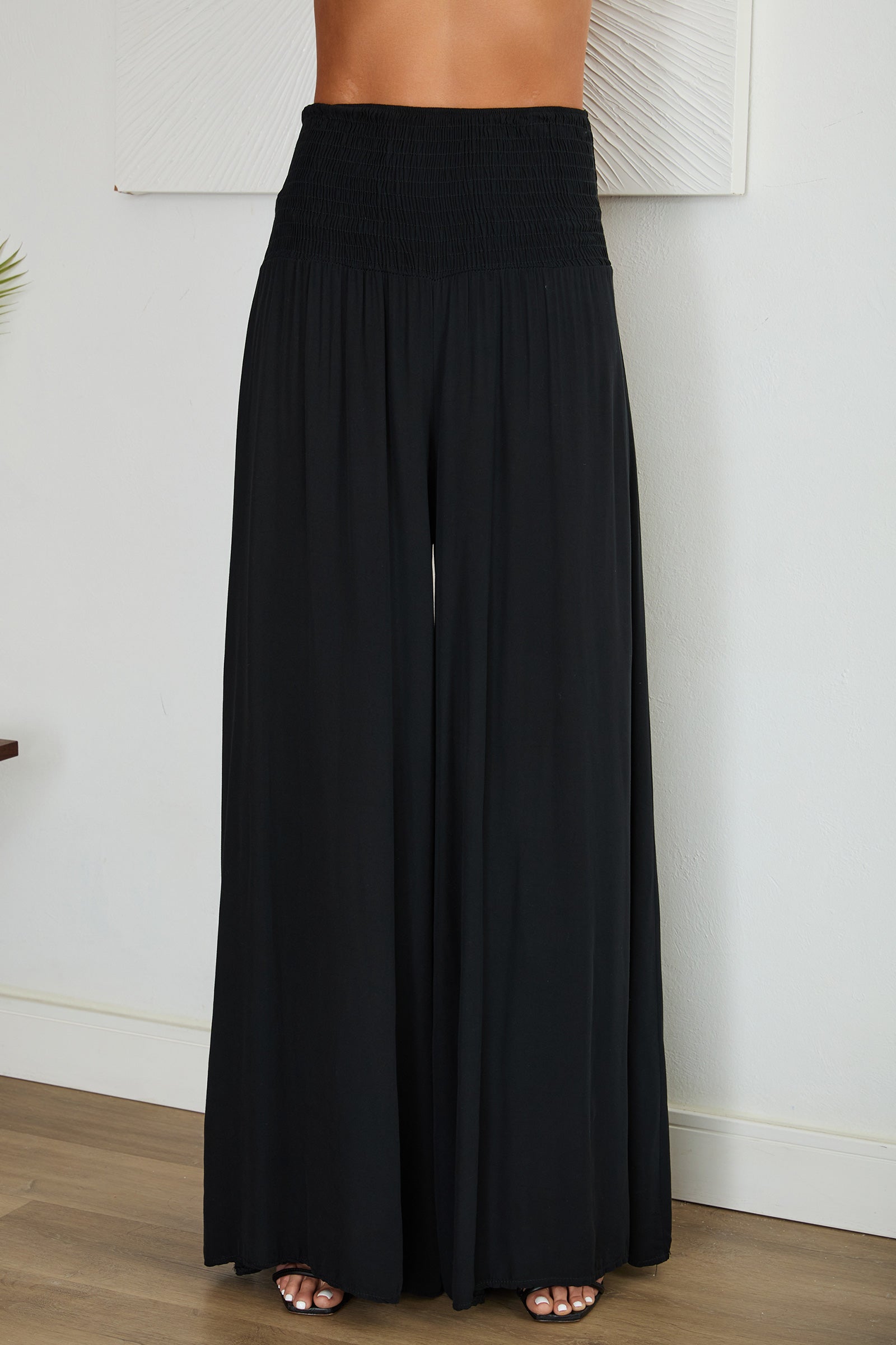 Pantalones de pierna ancha con cintura fruncida para mujer-Pants for woman-Casaluzia