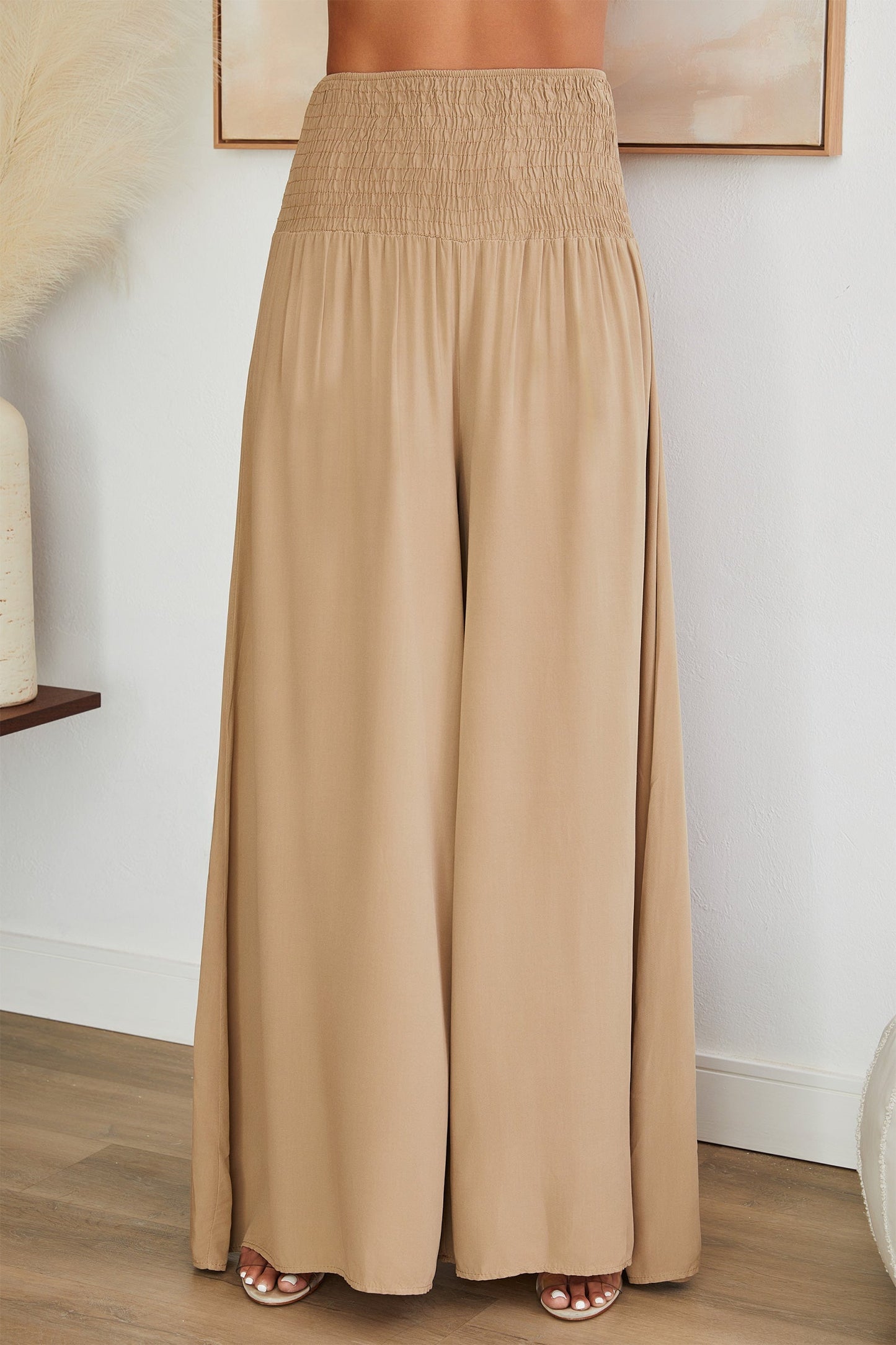 Pantalones de pierna ancha con cintura fruncida para mujer-Pants for woman-Casaluzia