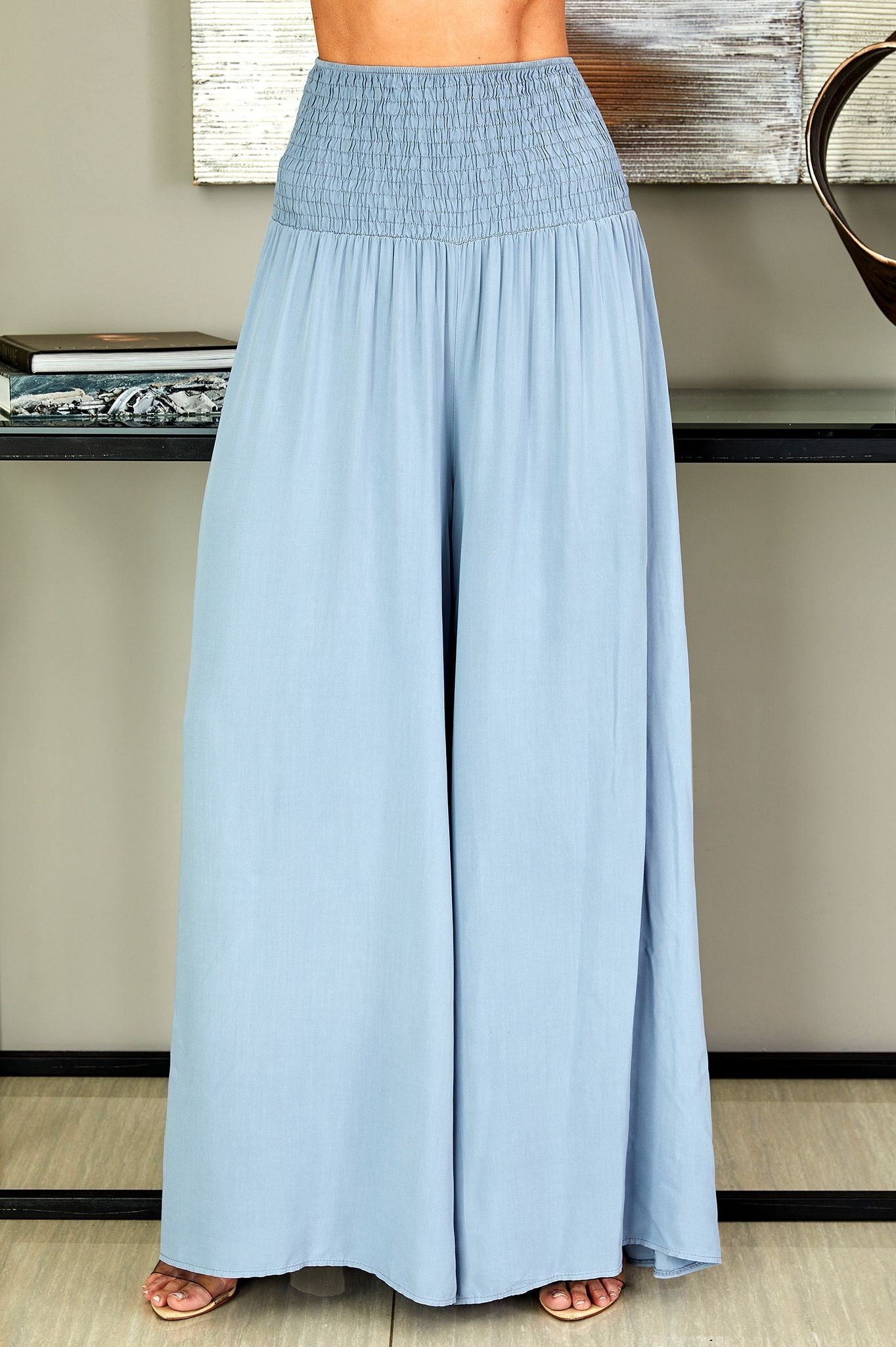 Pantalones de pierna ancha con cintura fruncida para mujer-Pants for woman-Casaluzia